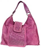 Розовая замшевая сумка - мешок с декоративным кожаным  плетением